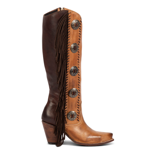 Freebird women's FARRAH tan multi leather knee-high boot with fringe detail, concho hardware and a tall heel