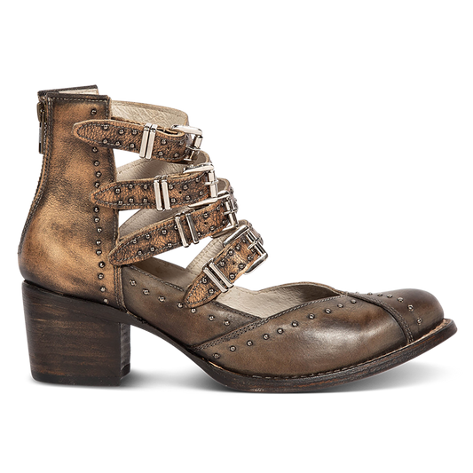 FREEBIRD women's Felicity brown multi open construction adjustable strappy bootie with silver studded detailing and back zip closure