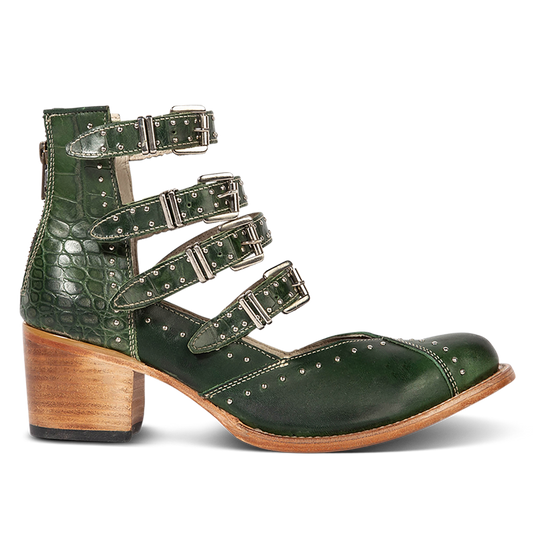 FREEBIRD women's Felicity green multi open construction adjustable strappy bootie with silver studded detailing and back zip closure