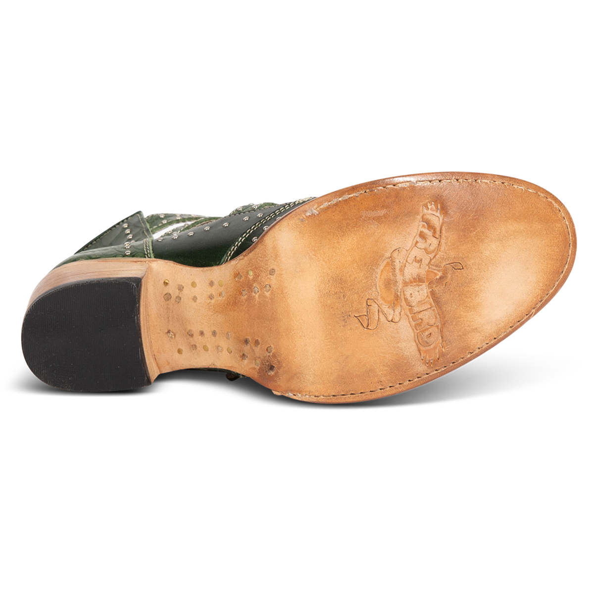 Leather sole imprinted with FREEBIRD on women's Felicity green multi leather bootie