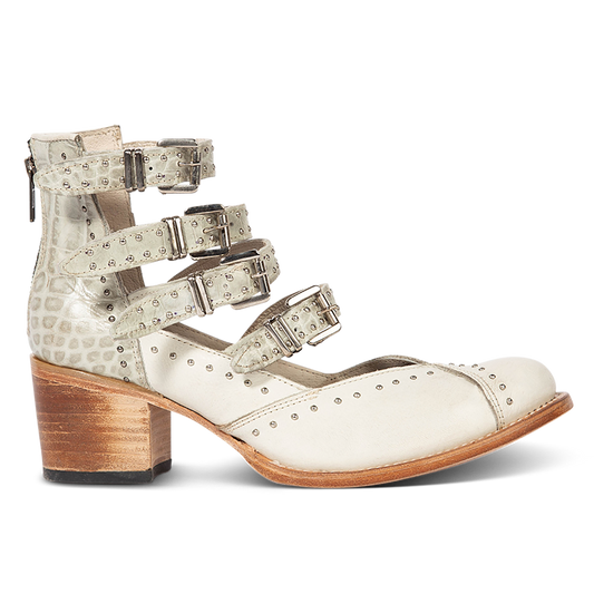 FREEBIRD women's Felicity white multi open construction adjustable strappy bootie with silver studded detailing and back zip closure