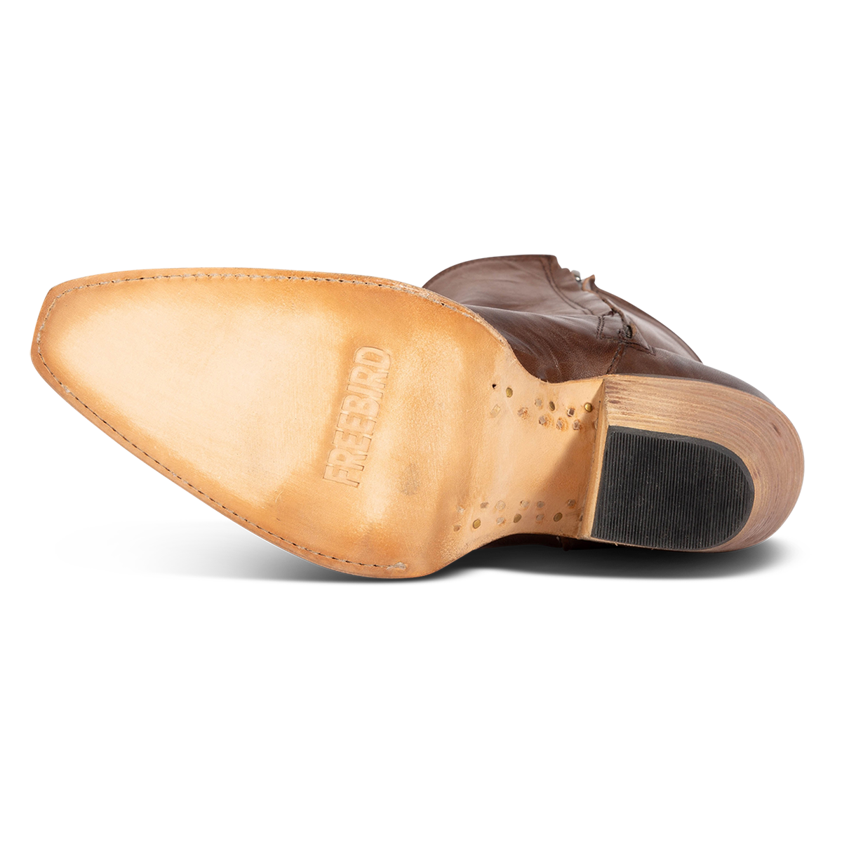 Leather sole imprinted with FREEBIRD on women's Firebird brown premium leather bootie