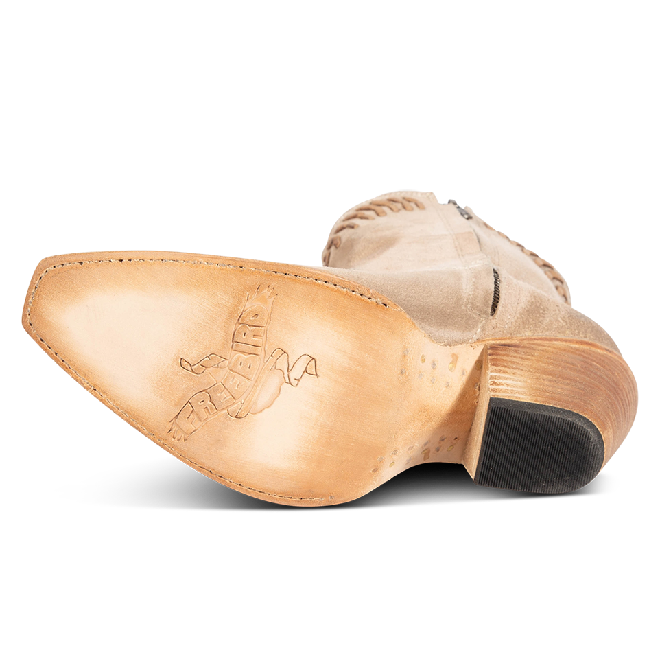 Leather sole imprinted with FREEBIRD on women's Freya beige suede bootie