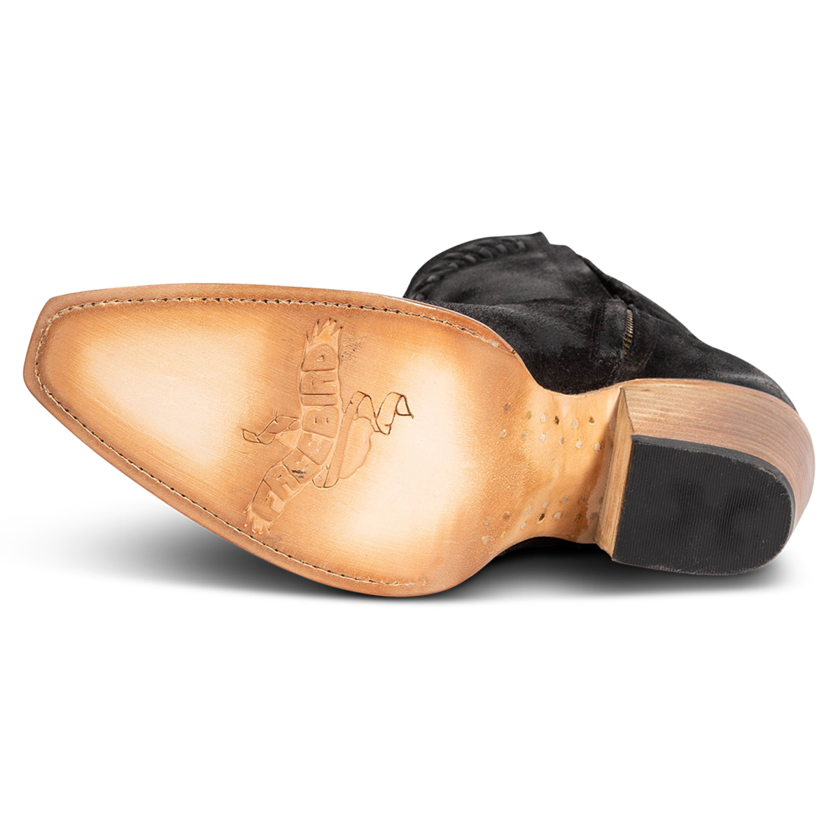 Leather sole imprinted with FREEBIRD on women's Freya black suede bootie