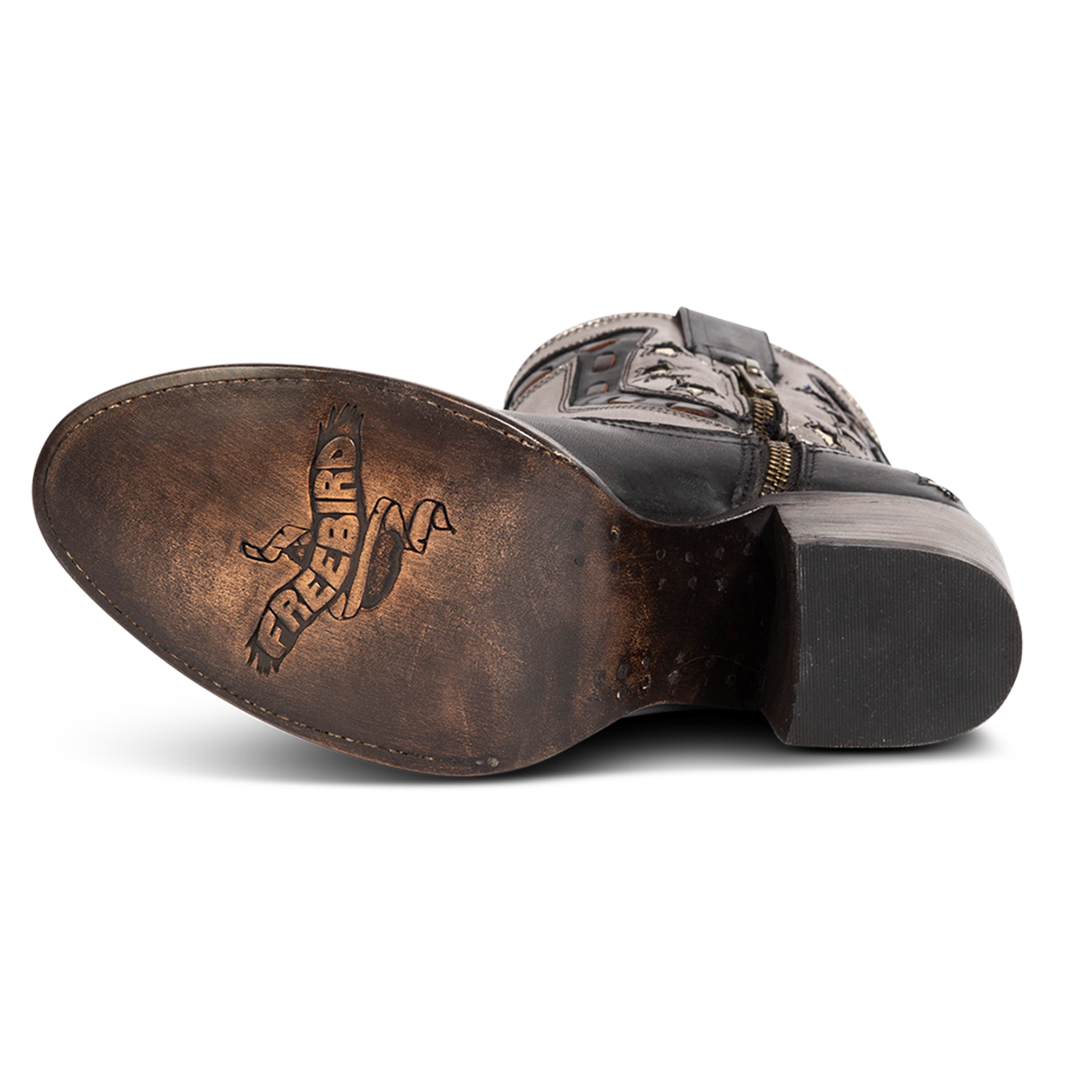 Leather sole imprinted with FREEBIRD on women's Gambler black multi leather bootie