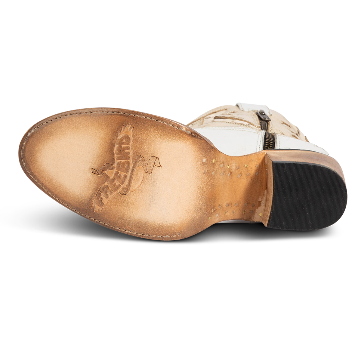 Leather sole imprinted with FREEBIRD on women's Gambler gold multi leather bootie