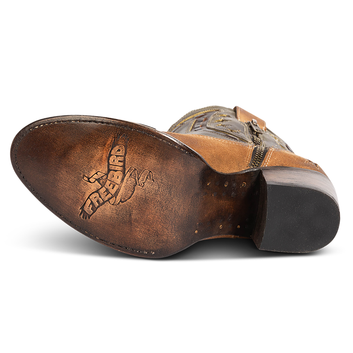 Leather sole imprinted with FREEBIRD on women's Gambler tan multi leather bootie