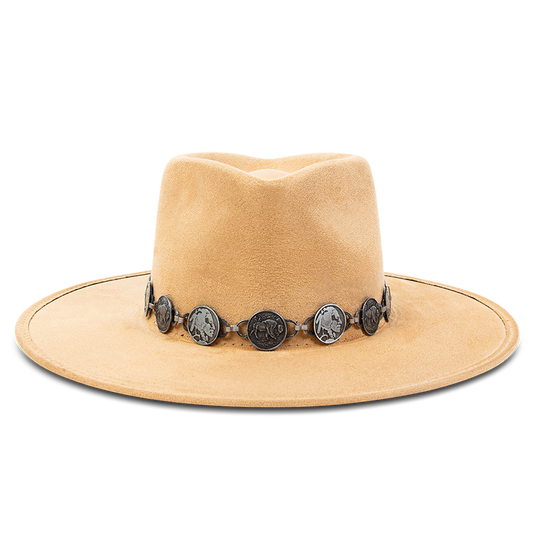 FREEBIRD Gemini camel wide flat-brim hat featuring diamond-shaped crown and metal coin band