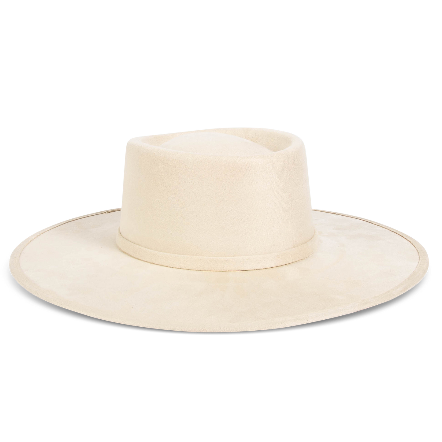 Georgia beige side view showing tonal ribbon band on FREEBIRD flat wide brim hat featuring a telescope-shaped crown