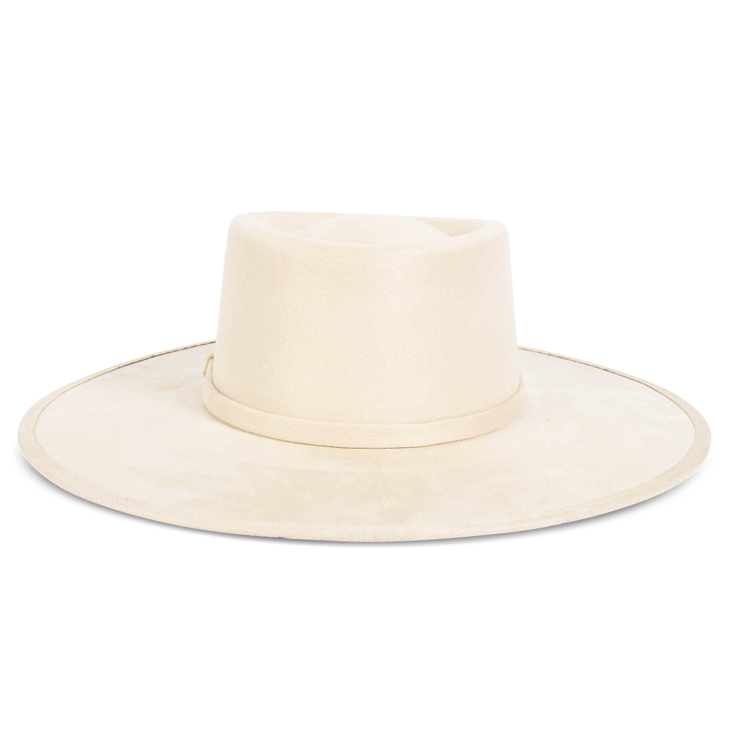 Georgia beige back view showing tonal ribbon band on FREEBIRD flat wide brim hat featuring a telescope-shaped crown