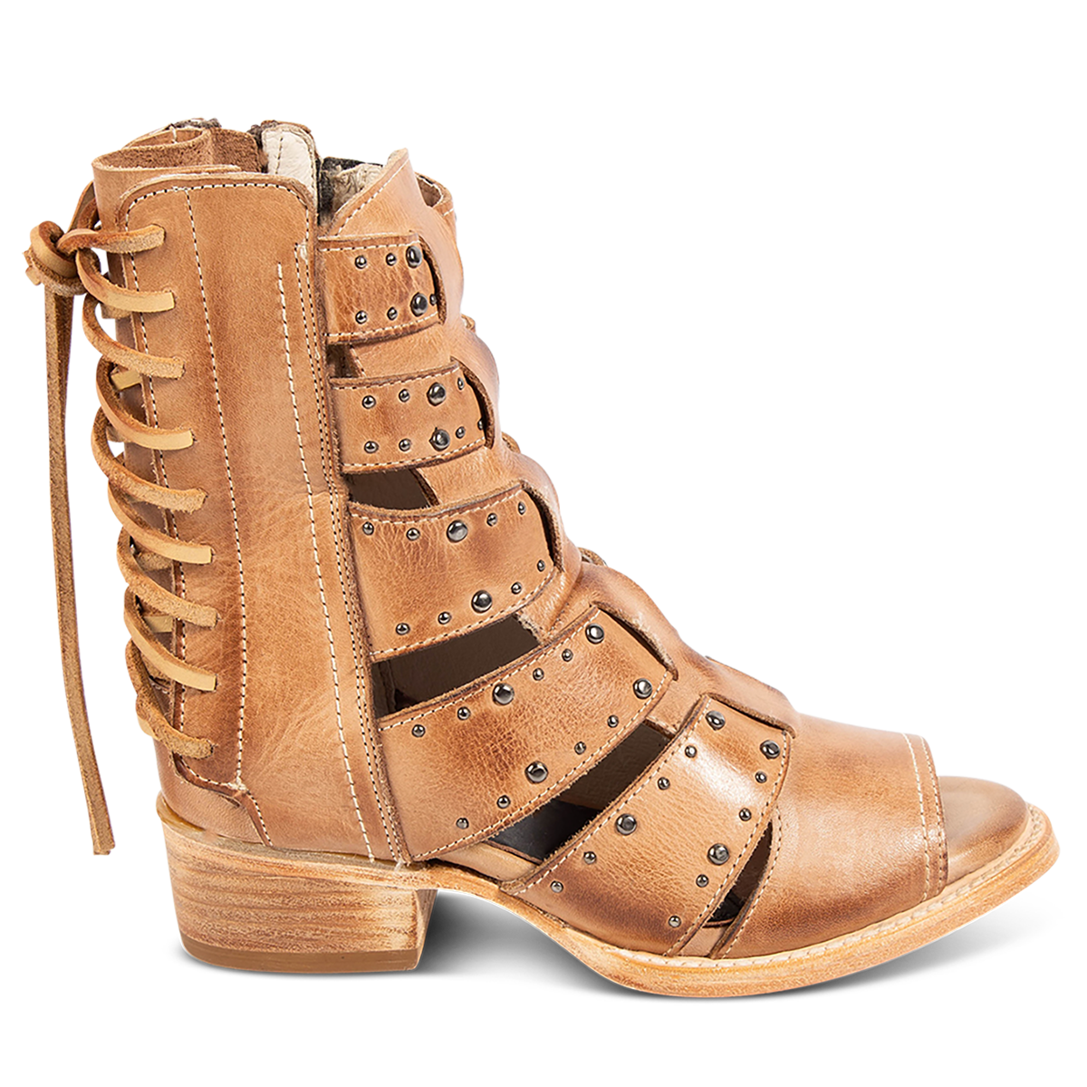 FREEBIRD women's Ghost natural leather sandal with an inside working brass zipper, back panel lacing and an exposed exterior