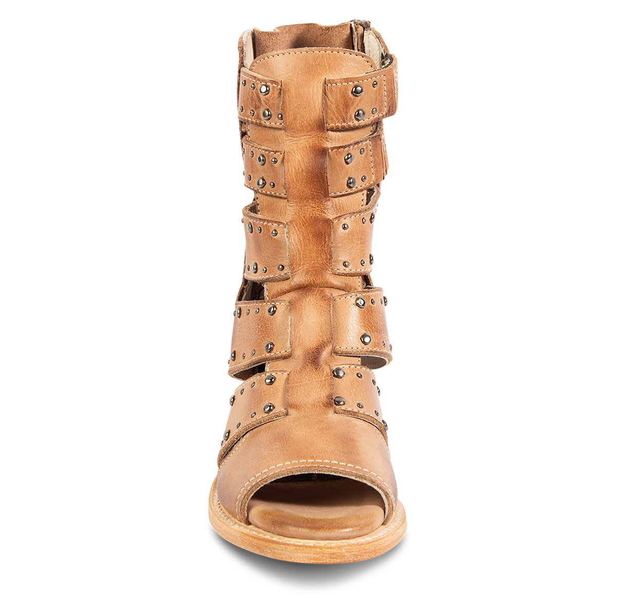 Front view showing FREEBIRD women's Ghost natural sandal with an inside working brass zipper, open toe construction and an exposed exterior