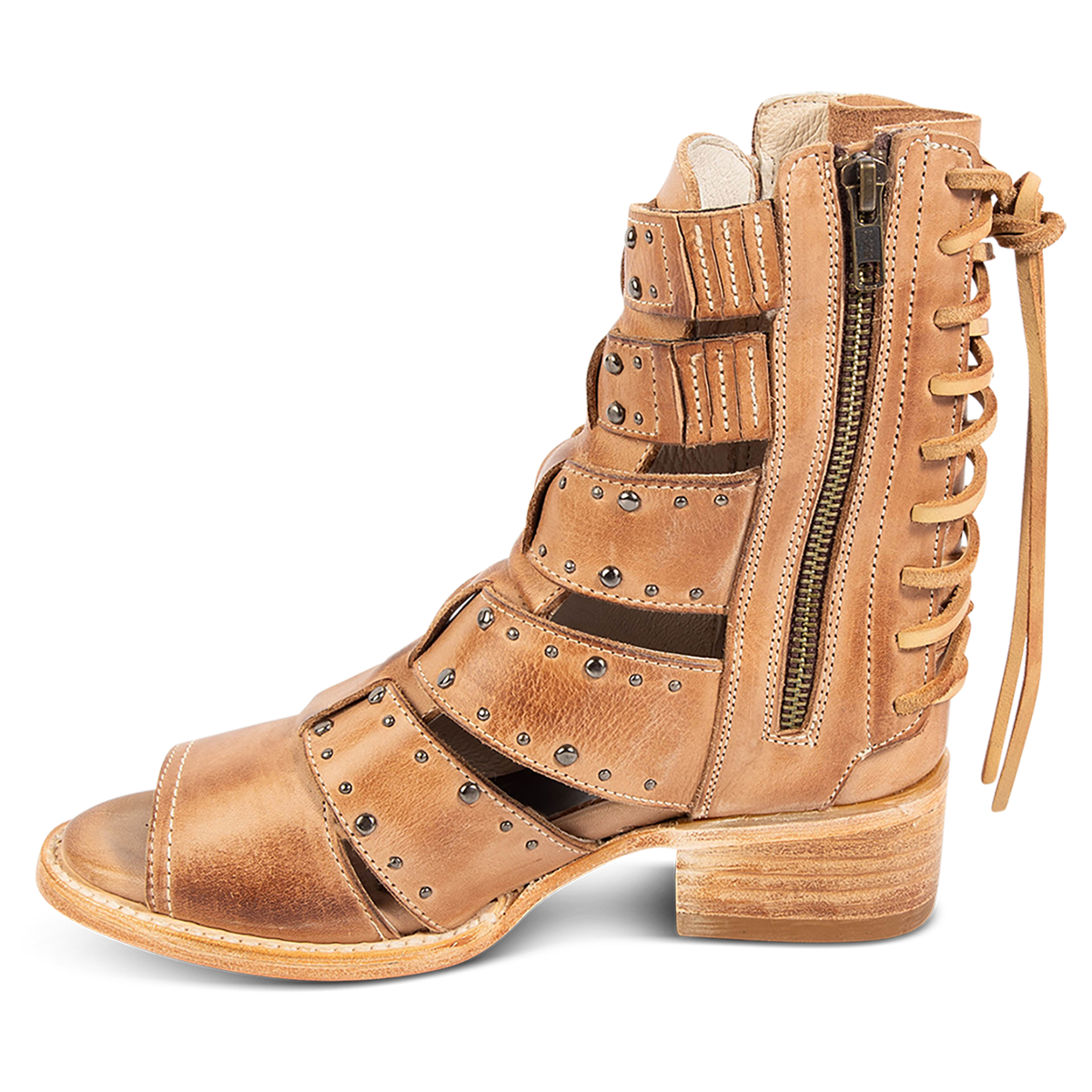 Inside view showing FREEBIRD women's Ghost natural leather sandal with an inside working brass zipper, back panel lacing and an exposed exterior