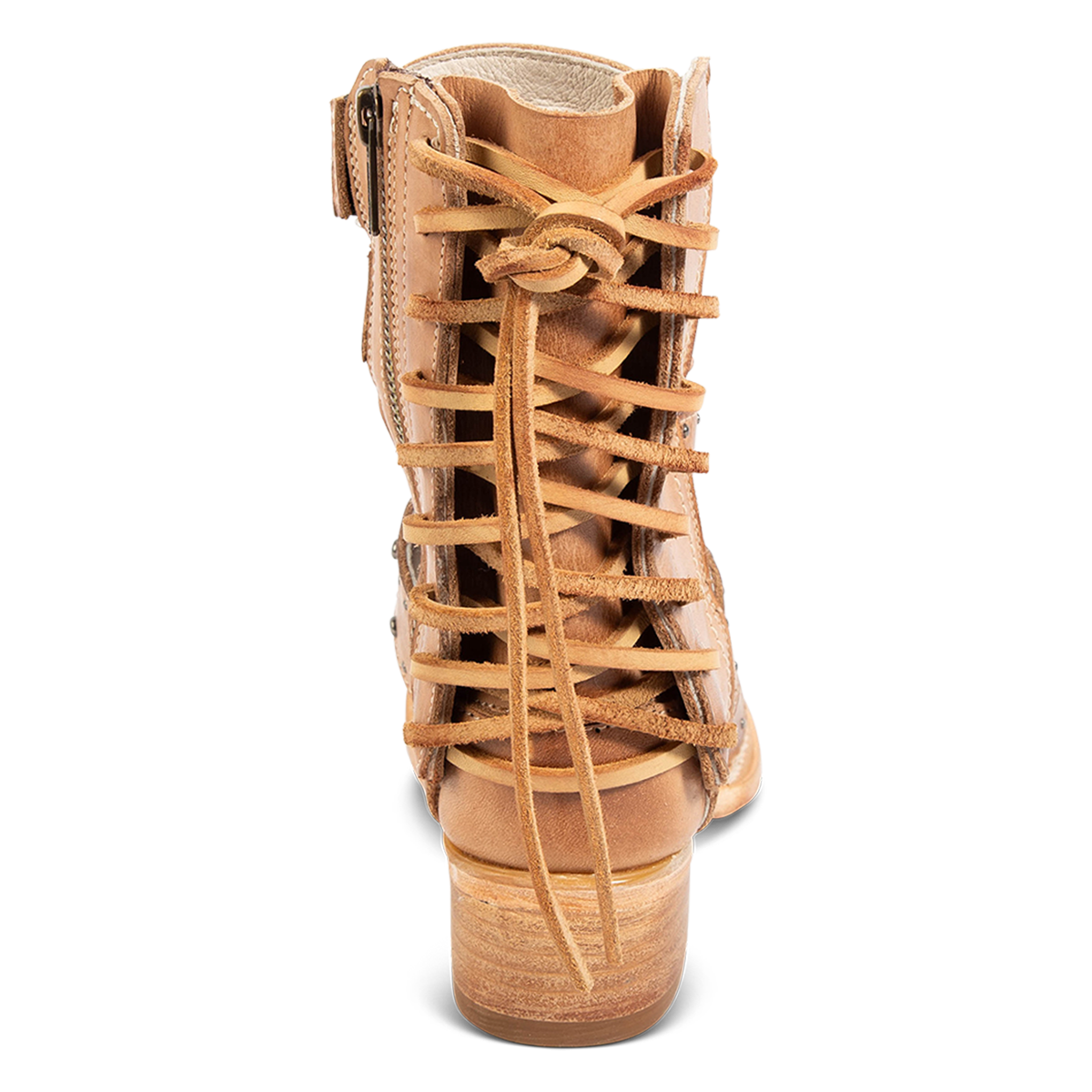 Back view showing back panel lacing and a low block heel on FREEBIRD women's ghost natural leather sandal