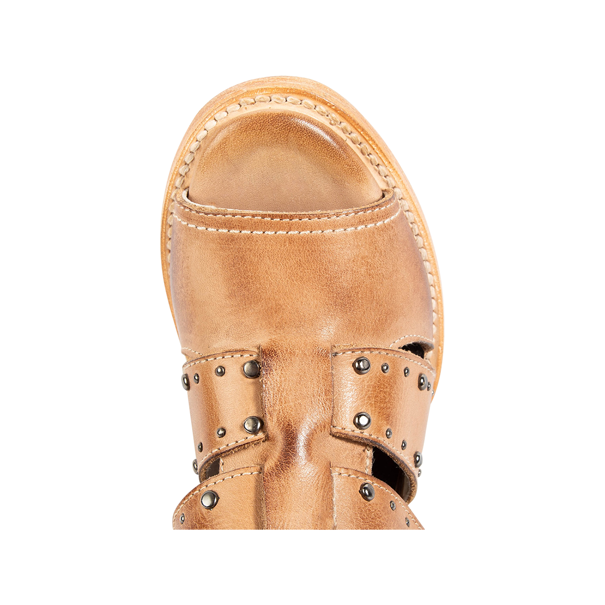 Top view showing a rounded toe and metal embellishments on FREEBIRD women's Ghost natural leather sandal