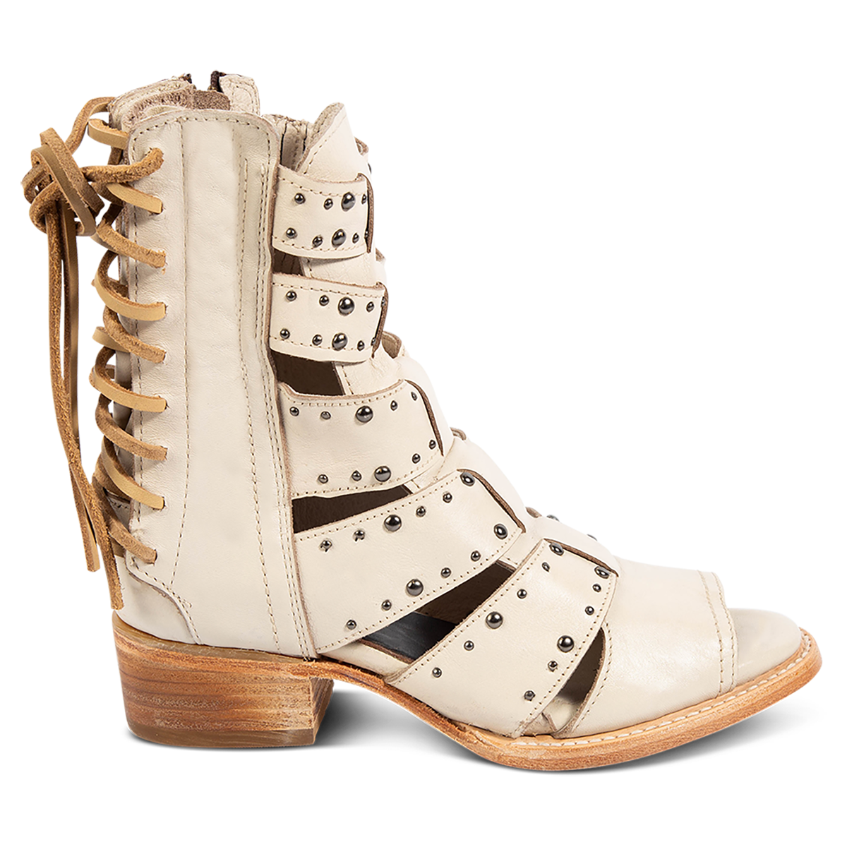 FREEBIRD women's Ghost off white leather sandal with an inside working brass zipper, back panel lacing and an exposed exterior