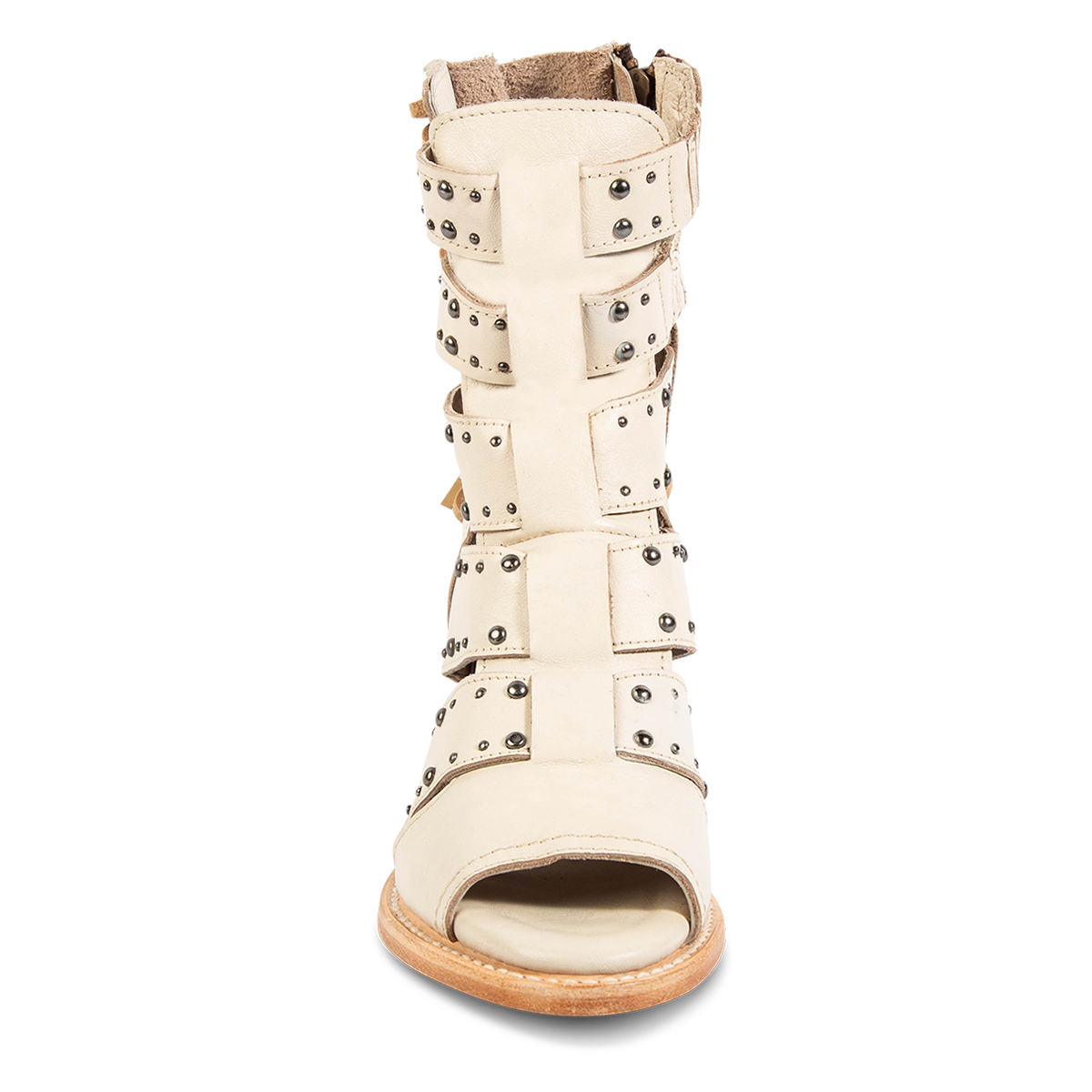 Front view showing FREEBIRD women's Ghost off white leather sandal with an inside working brass zipper, open toe construction and an exposed exterior
