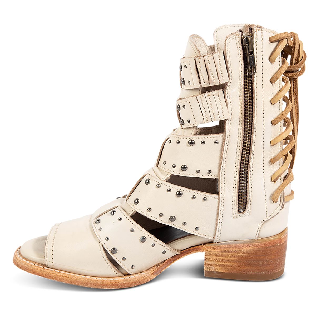 Inside view showing FREEBIRD women's Ghost off white leather sandal with an inside working brass zipper, back panel lacing and an exposed exterior