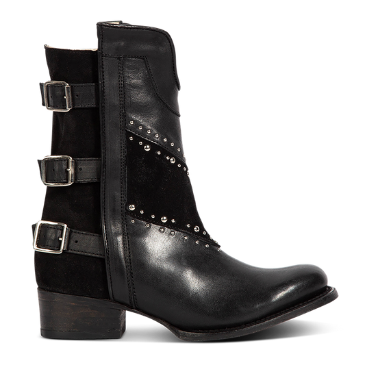 Freebird women's GOLDIE black suede and leather boot with stud embellishments, front shin cut out and adjustable buckle straps around the calf