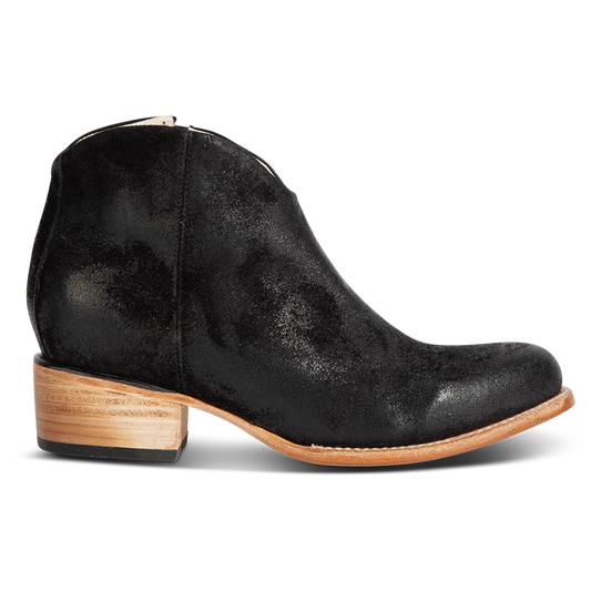 FREEBIRD women's Hippy black suede low heeled bootie with a working brass zip closure, heel seam embroidery, almond toe, and front dip detailing