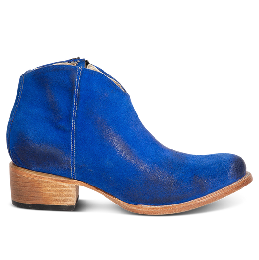 FREEBIRD women's Hippy blue suede low heeled bootie with a working brass zip closure, heel seam embroidery, almond toe, and front dip detailing