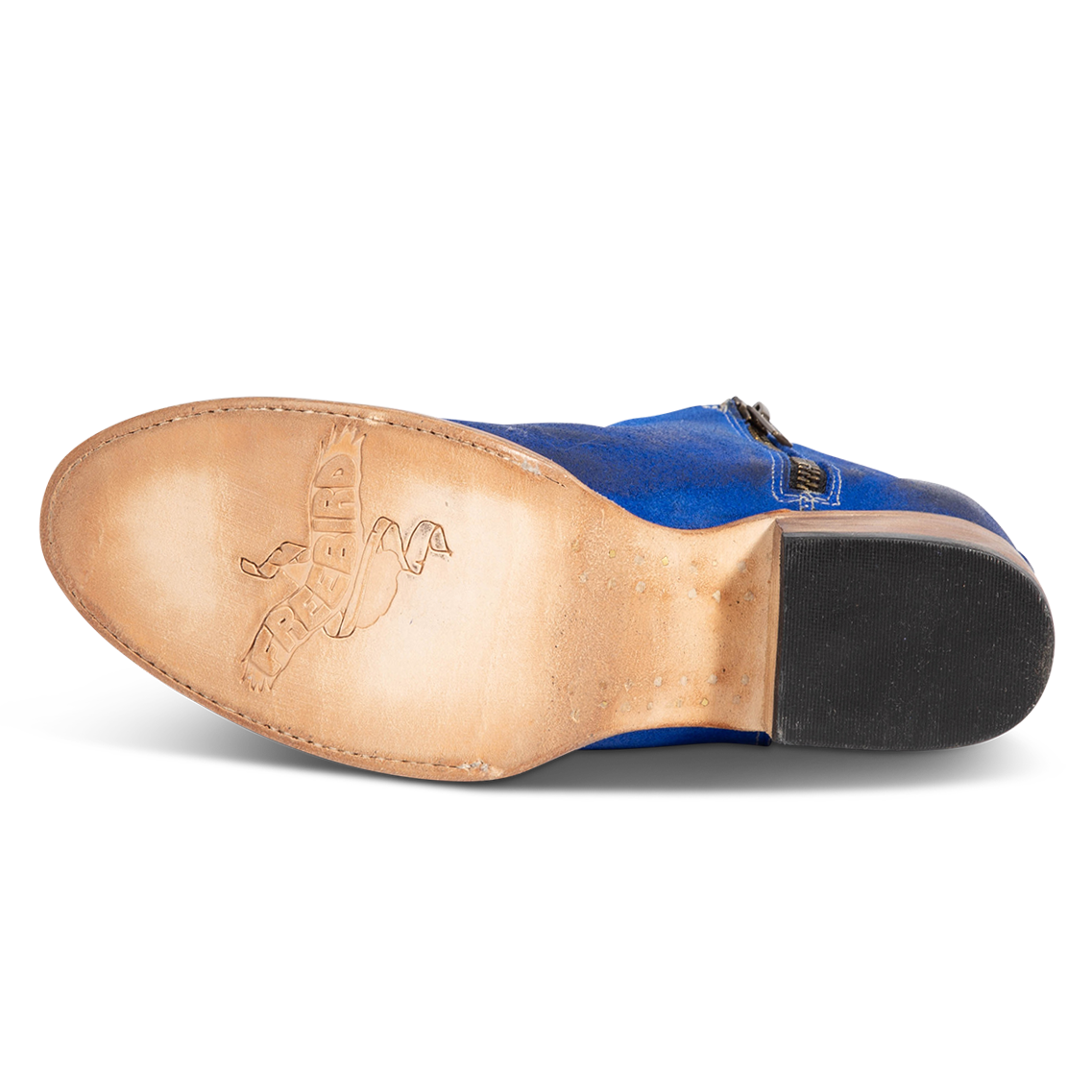 Leather sole imprinted with FREEBIRD on women's Hippy blue suede bootie