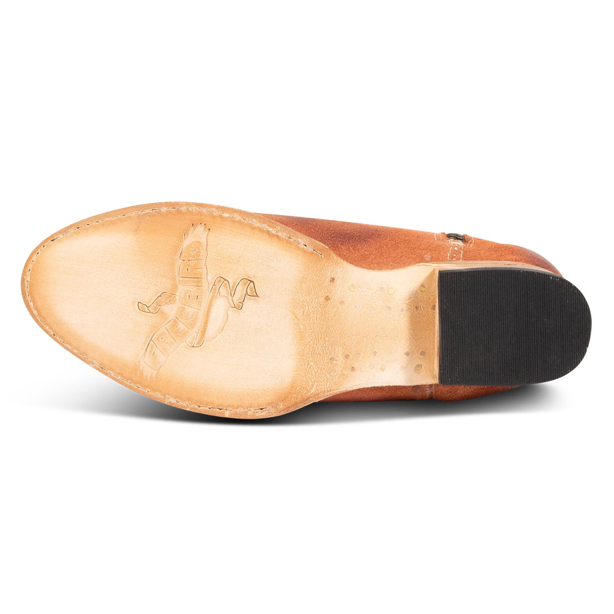 Leather sole imprinted with FREEBIRD on women's Hippy orange suede bootie