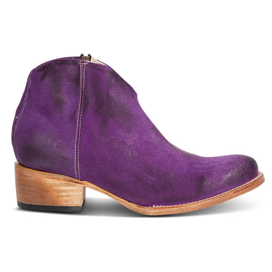 FREEBIRD women's Hippy purple suede low heeled bootie with a working brass zip closure, heel seam embroidery, almond toe, and front dip detailing