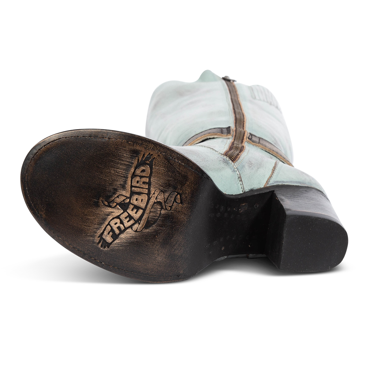 Leather sole imprinted with Freebird on women's Holland blue leather tall shaft boot
