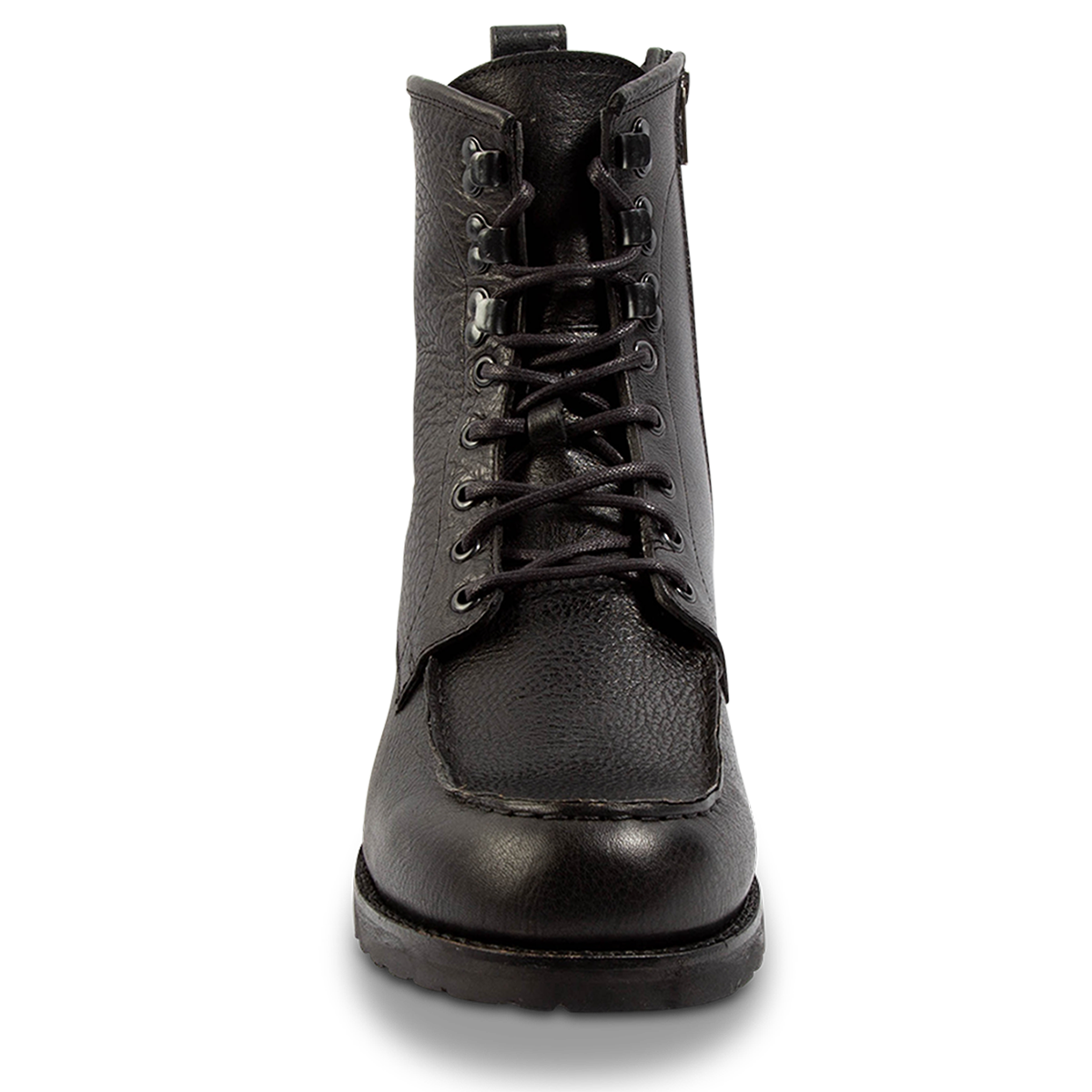 Front view showing FREEBIRD men's Idaho black leather boot with front tie lacing, a rounded toe and leather pull strap