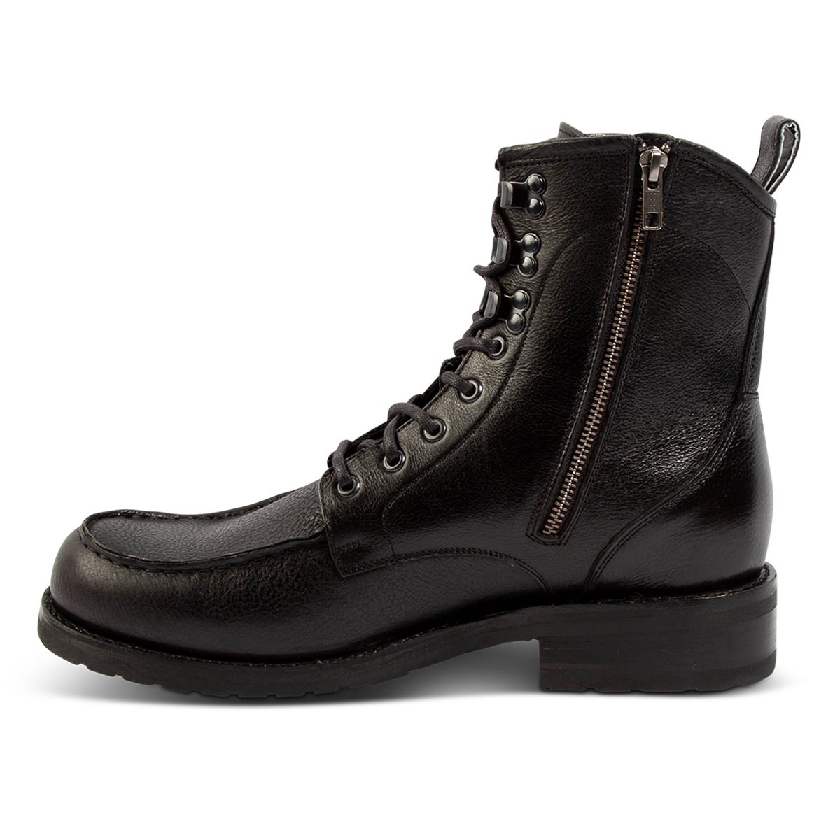 Inside view showing front tie lacing, an inside working brass zipper and leather pull strap on FREEBIRD men's Idaho black leather boot