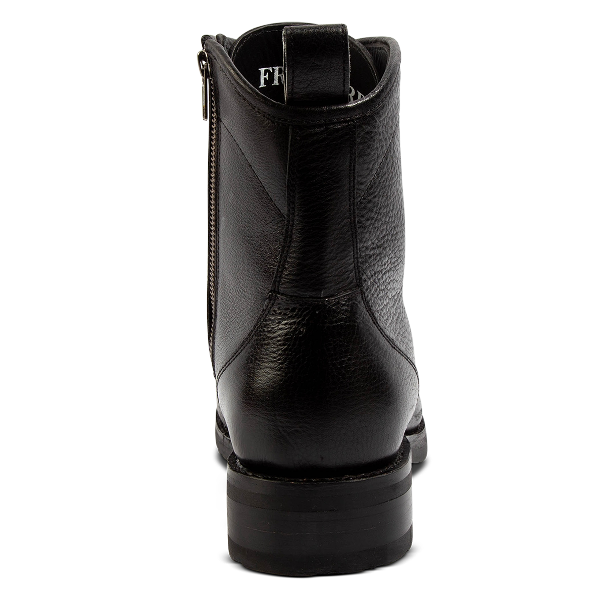 Back view showing a leather pull strap and elevated heel on FREEBIRD men's Idaho black leather boot