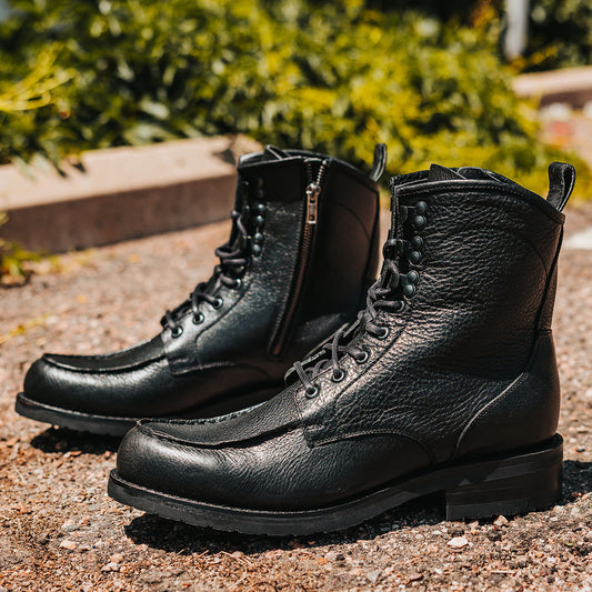 FREEBIRD men's Idaho black leather boot with front tie lacing, a Goodyear welt and working brass zipper