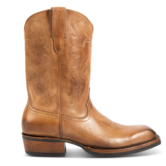 FREEBIRD men's James banana leather boot with traditional Western stitching, tread sole and leather pull straps