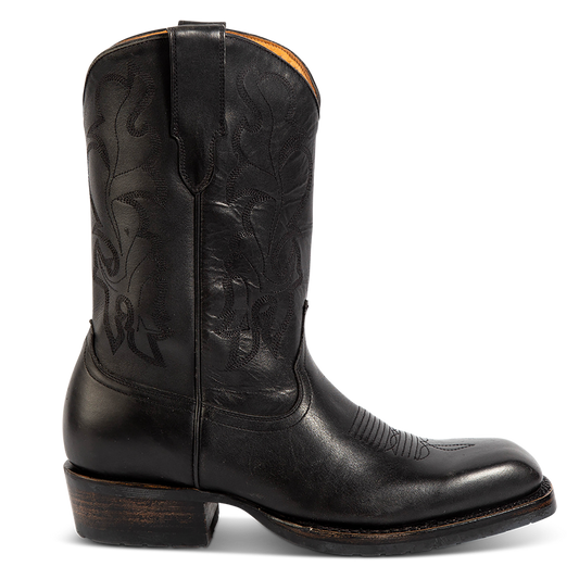 FREEBIRD men's James black leather boot with traditional Western stitching, tread sole and leather pull straps