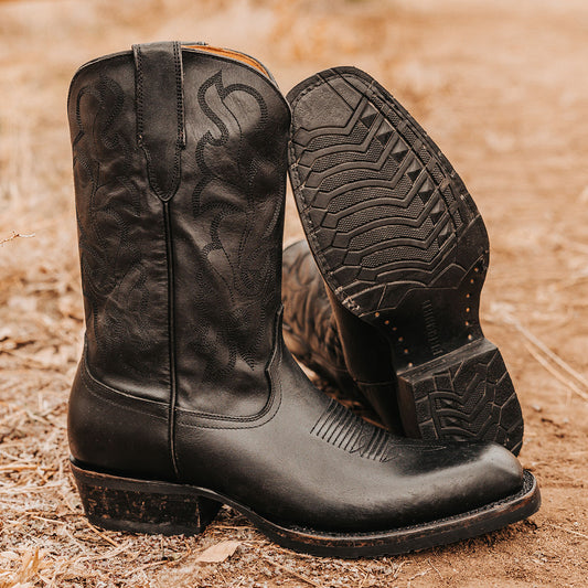 FREEBIRD men's James black leather boot with traditional Western stitching, tread sole and leather pull straps