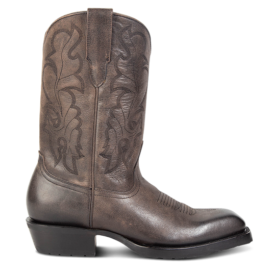 FREEBIRD men's James black boot with traditional Western stitching, tread sole and leather pull straps