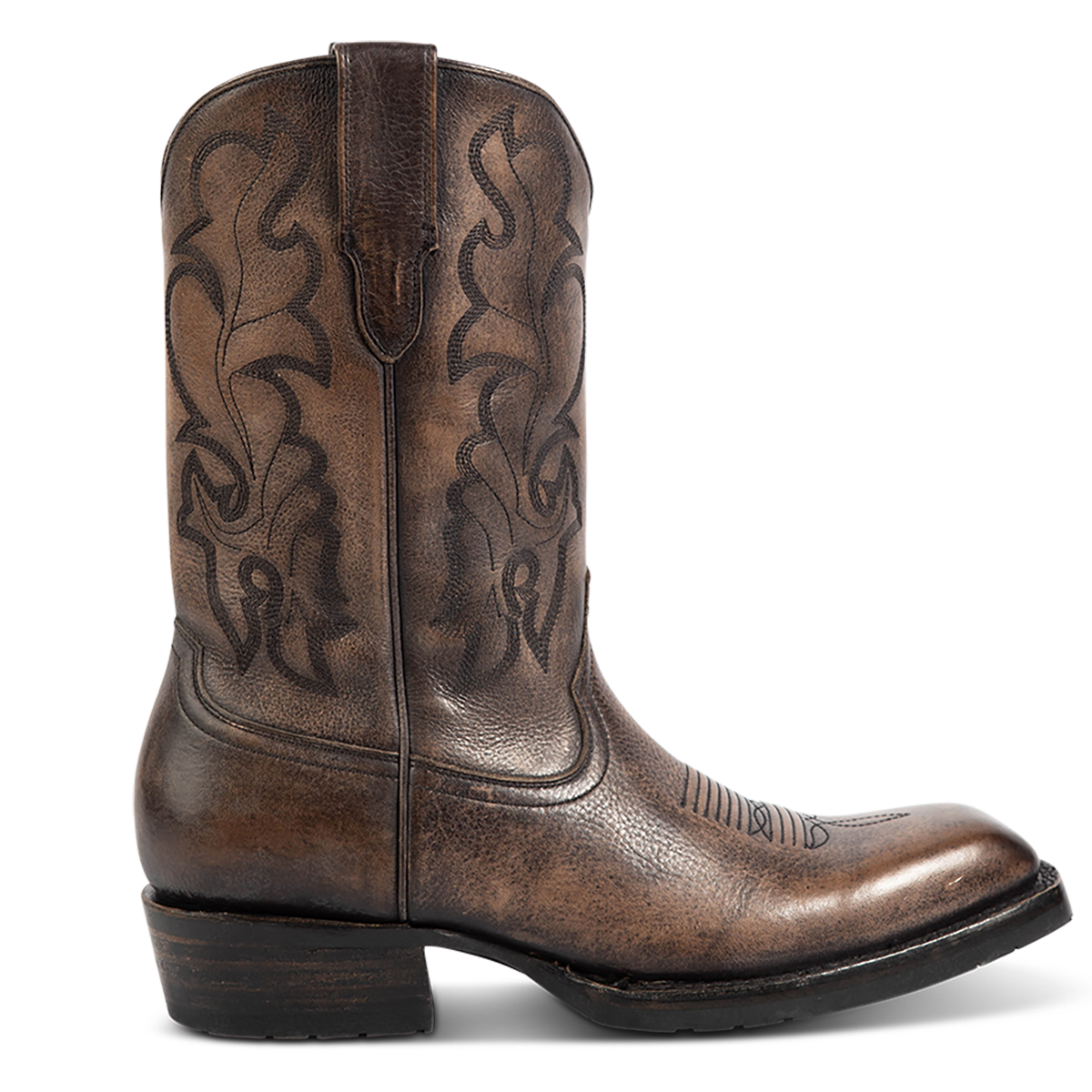 FREEBIRD men's James grey distressed leather boot with traditional Western stitching, tread sole and leather pull straps