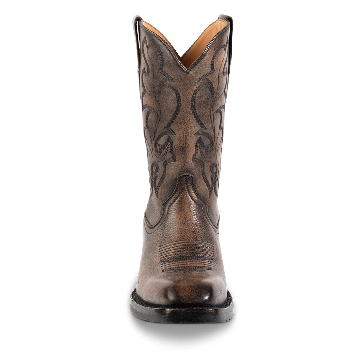 Front view showing FREEBIRD men's James grey distressed leather boot with traditional Western stitching, tread sole and leather pull straps