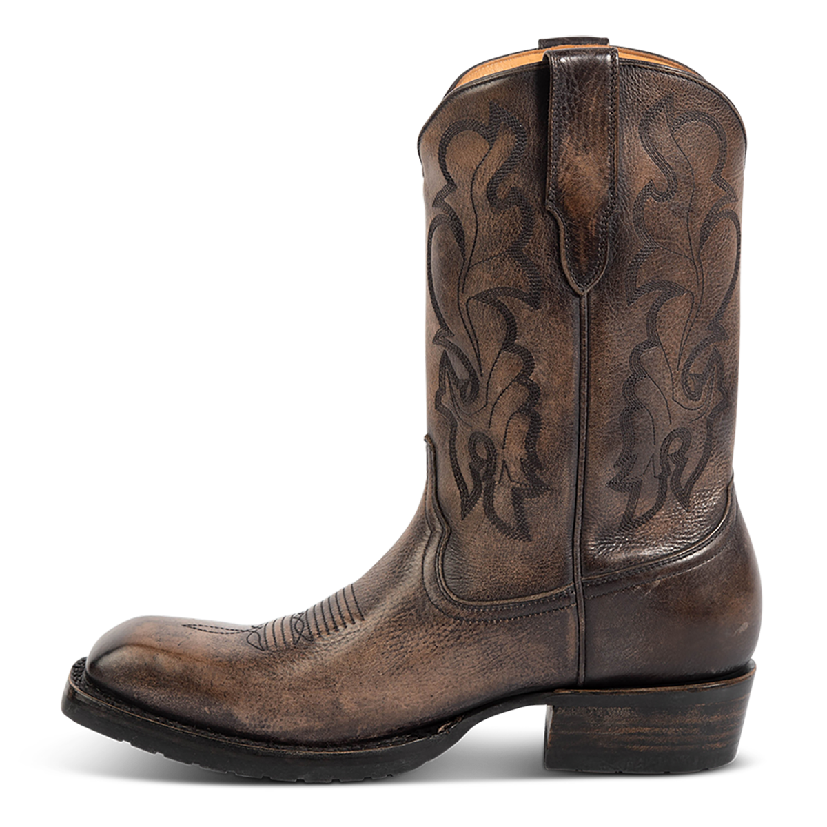 Inside view showing FREEBIRD men's James grey distressed leather boot with traditional Western stitching, tread sole and leather pull straps