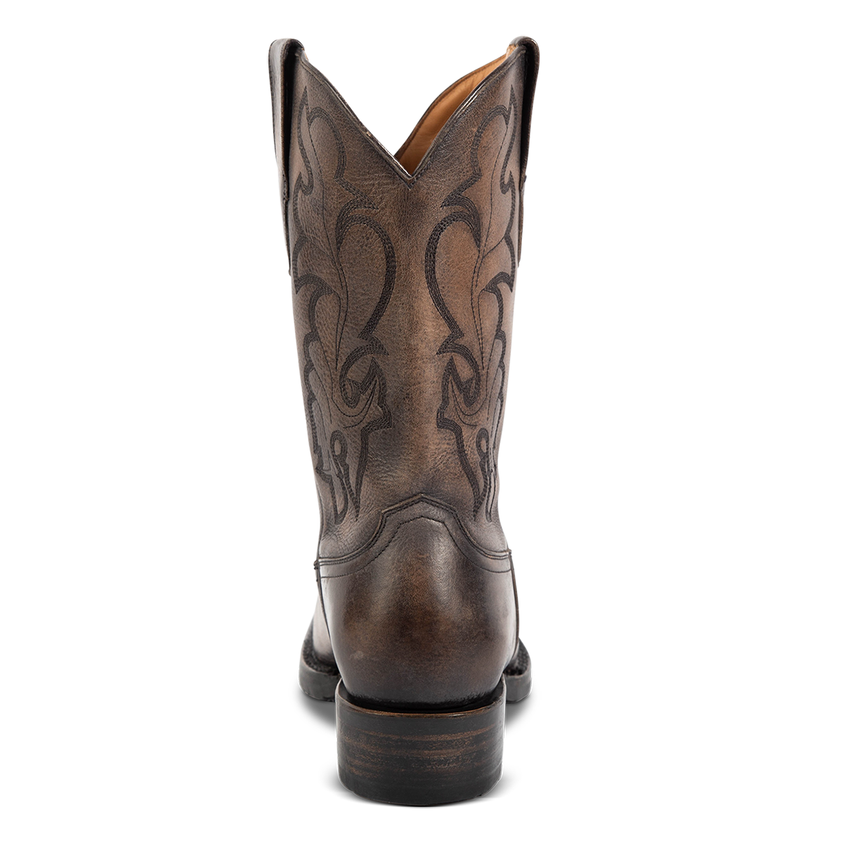 Back view showing FREEBIRD men's James grey distressed leather boot with traditional Western stitching, tread sole and leather pull straps