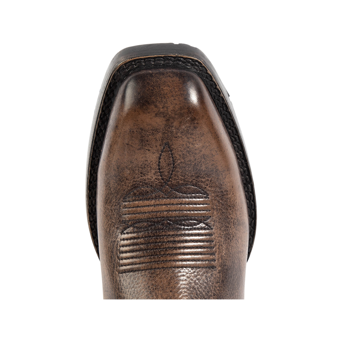 Top view showing square toe construction and traditional Western stitching on FREEBIRD men's James grey distressed leather boot