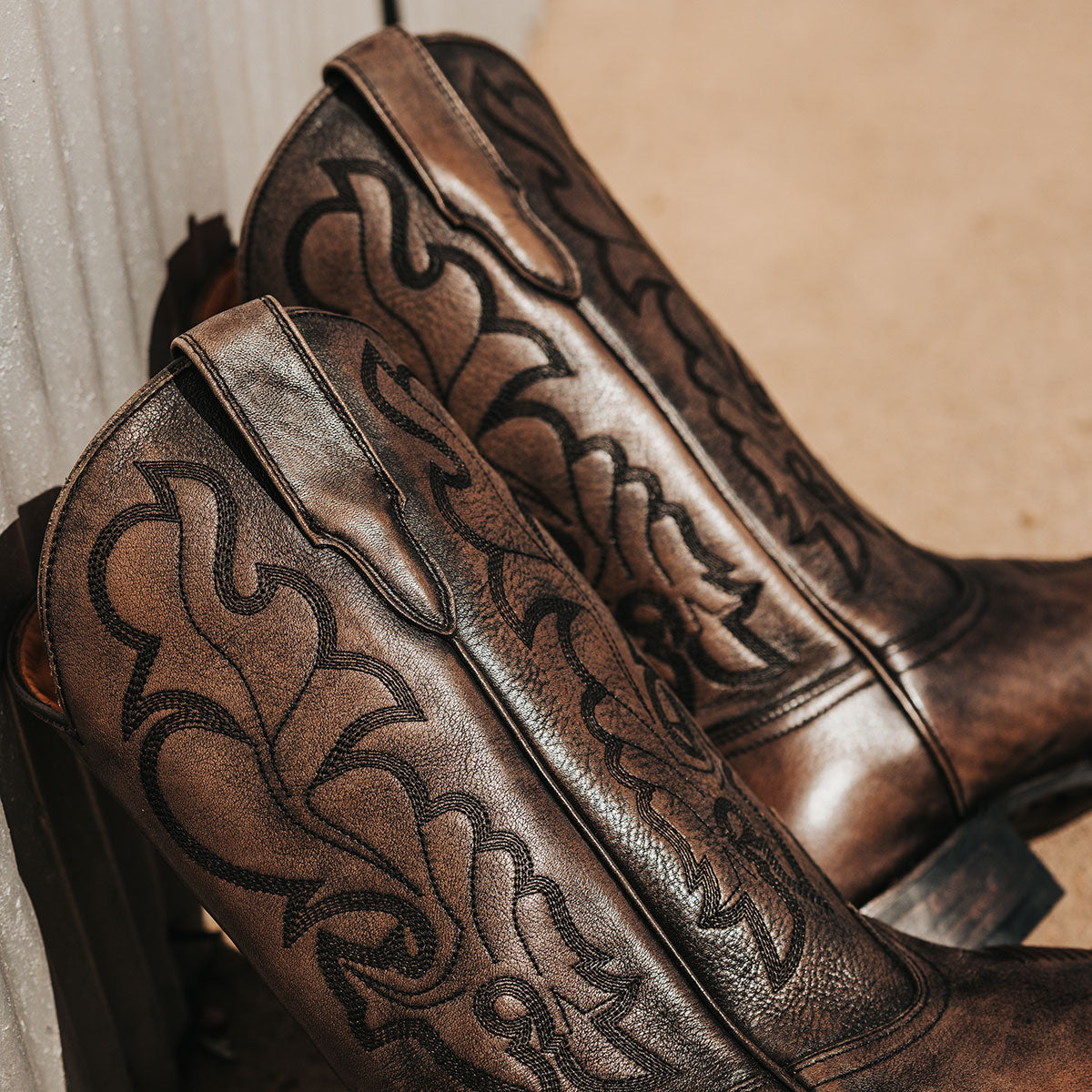 FREEBIRD men's James grey distressed leather boot with traditional Western stitching, tread sole and leather pull straps