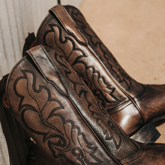 FREEBIRD men's James grey distressed leather boot with traditional Western stitching, tread sole and leather pull straps