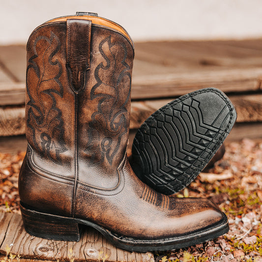 FREEBIRD men's James grey distressed leather boot with traditional Western stitching, tread sole and leather pull straps