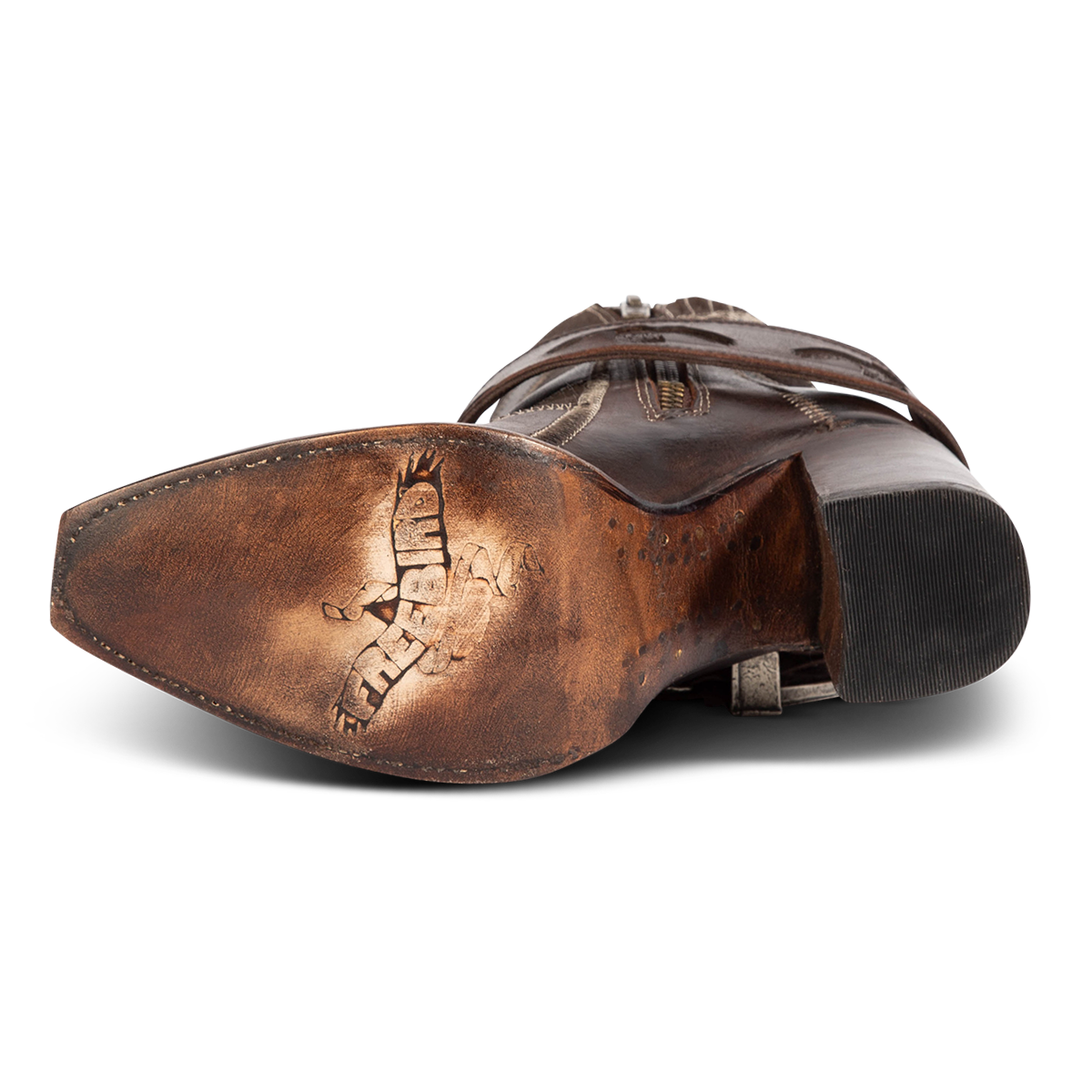 Leather sole imprinted with FREEBIRD on women's JAYMIE brown multi patchwork leather bootie
