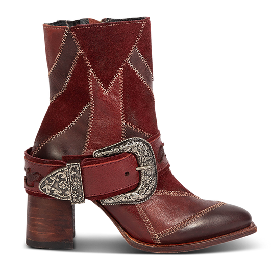 Freebird women's JAYMIE wine multi patchwork leather bootie with a removable buckle, lifted heel and pointed toe silhouette