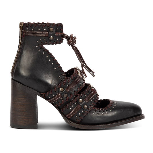Freebird women's JAYSON black leather high heel shoe with adjustable leather lacing, o-ring hardware details and open silhouette