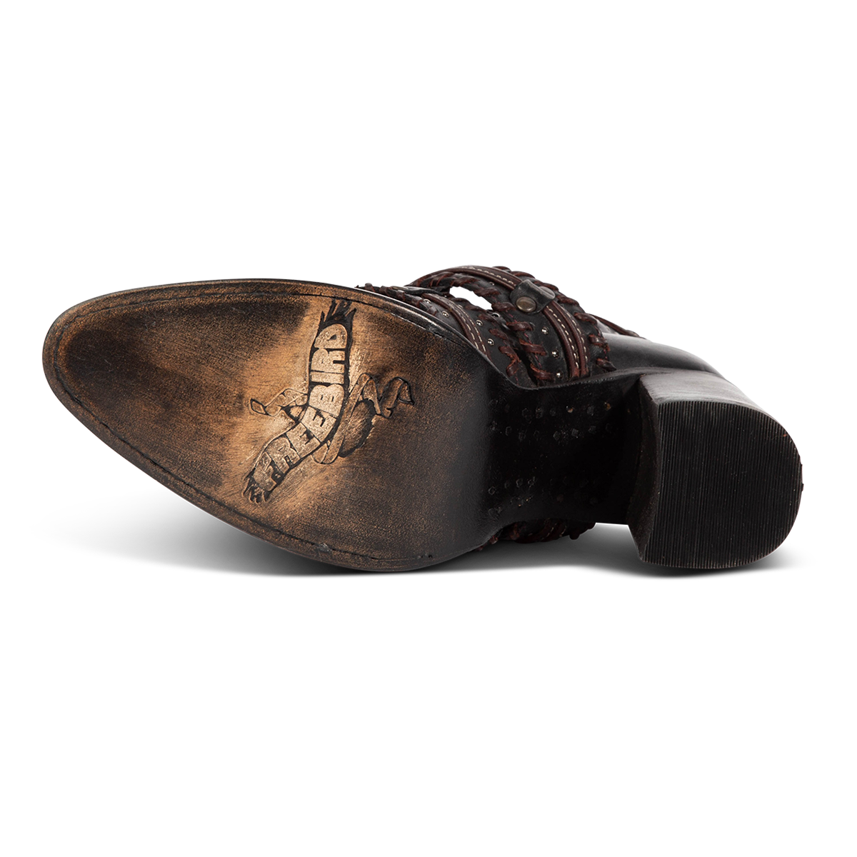 Leather sole imprinted with FREEBIRD on women's JAYSON black leather high heel shoe