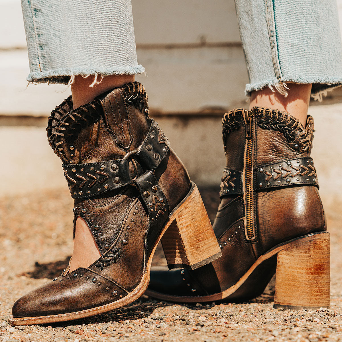 JETSON Women Freebird Western Ankle Boots Womens 7‎ Tan Leather Stacked Wood Block Heel Shoes main image 1